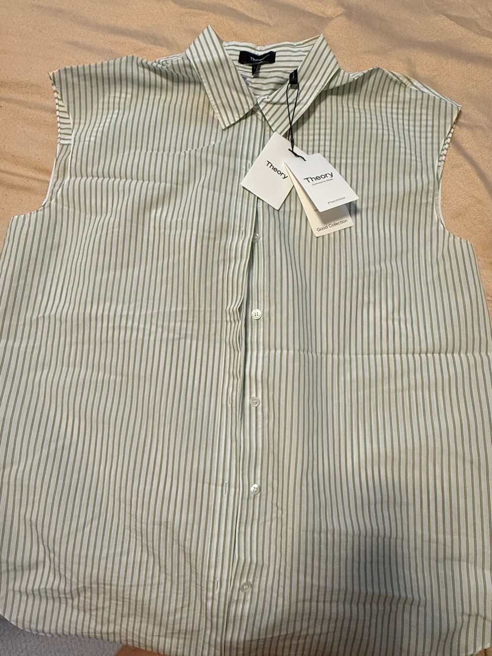 Theory NWT sz L boyfriend Sleeveless Button-Down Shirt in Mint and White Stripe